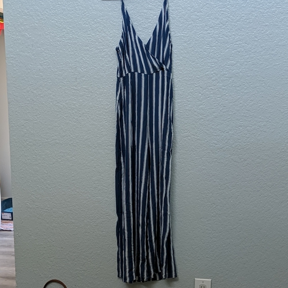 Blue and white striped jumpsuit